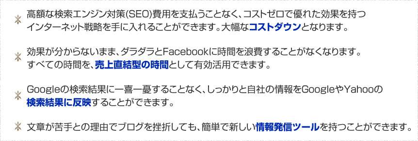 コストゼロで優れた効果を持つネット戦略。すべての時間を売上直結型の時間として有効活用できます。GoogleやYahooへの検索結果への反映。簡単で新しい情報発信ツール。